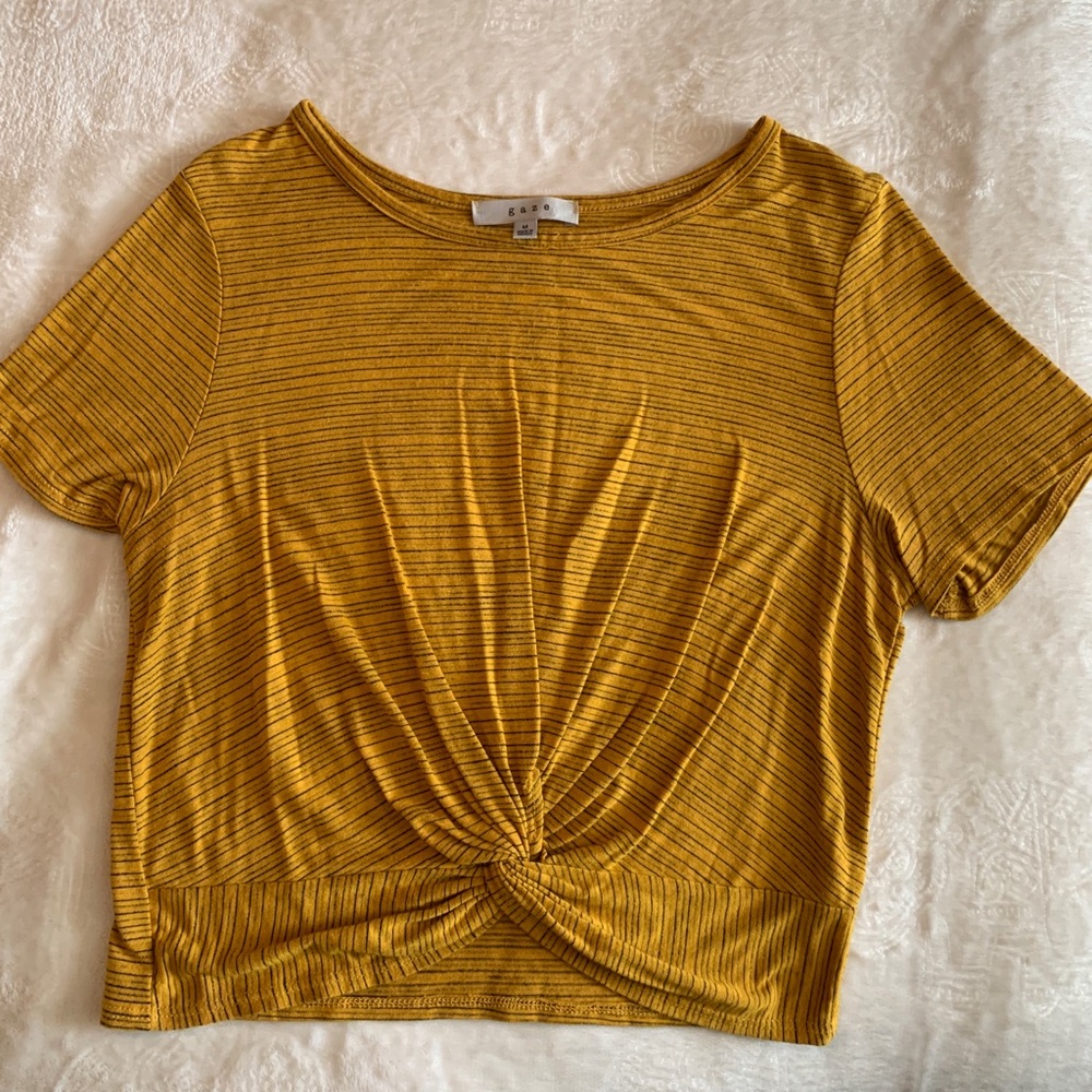 Mustard yellow knotted top with black stripes